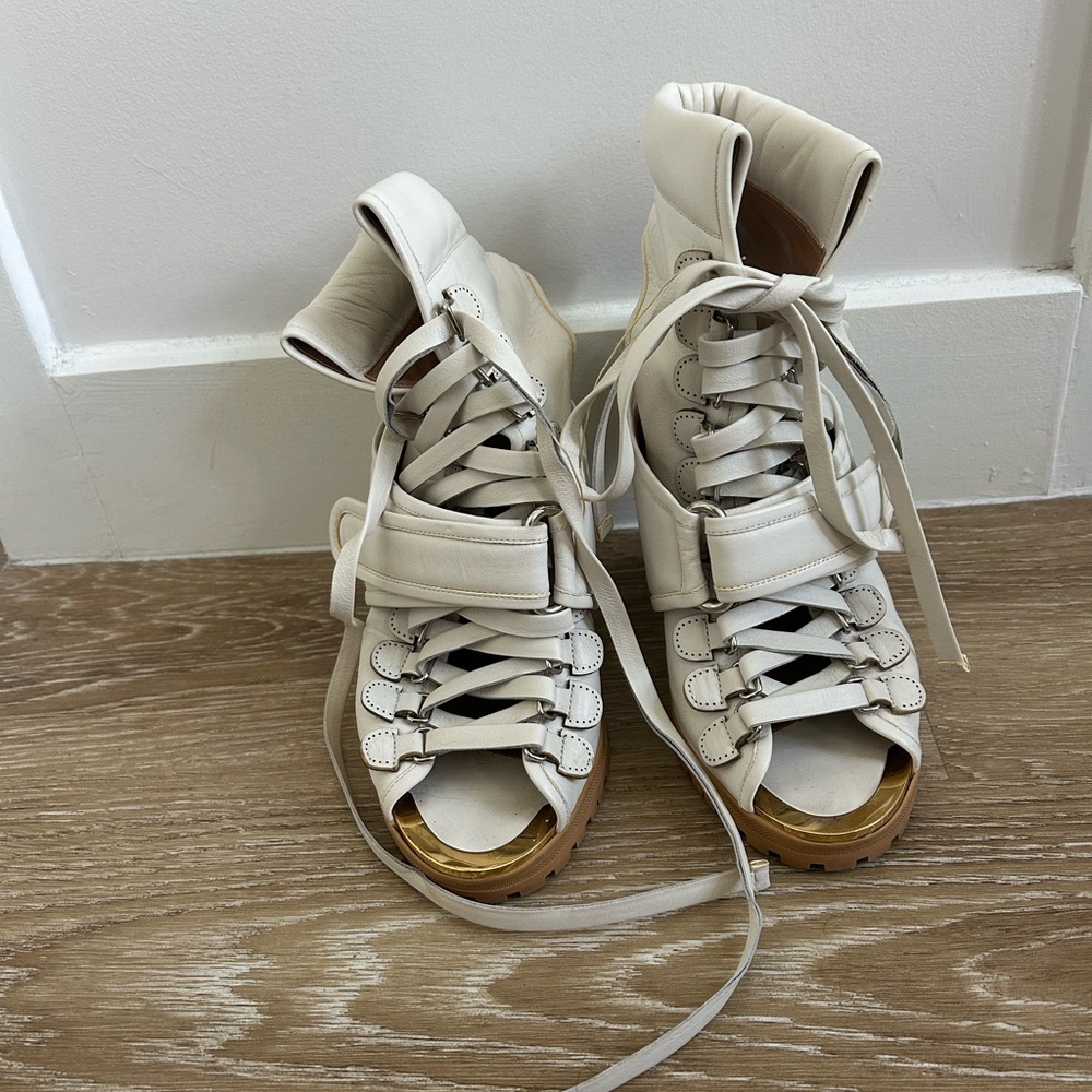 Chloe Cream and Tan Wedge Sandals